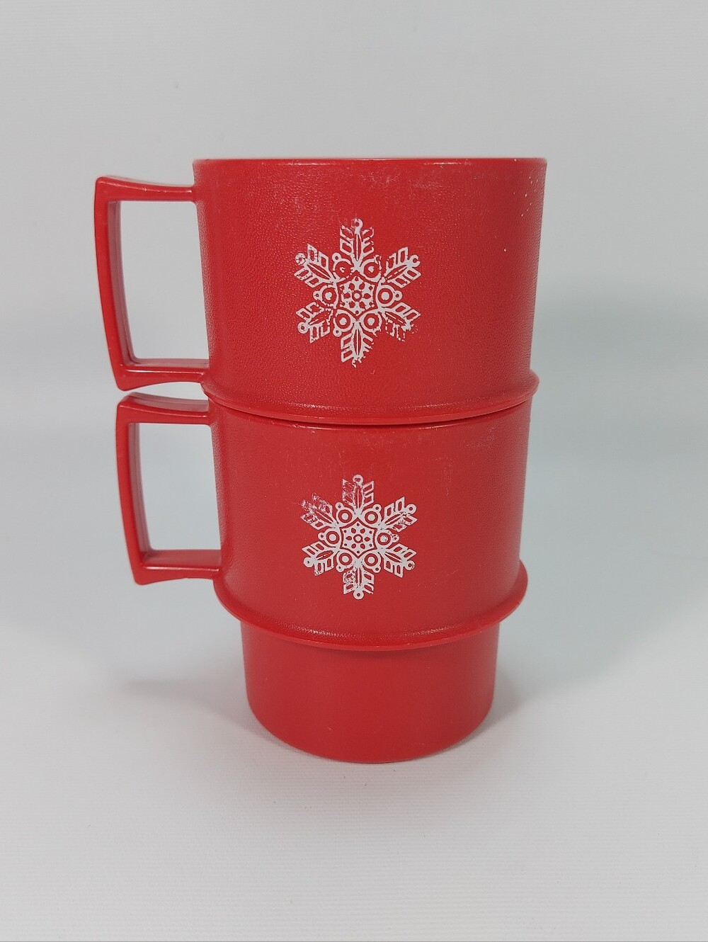 Tupperware Red Snowflake Stacking Mugs (Mold #1312) Retro Vintage Lot of 2